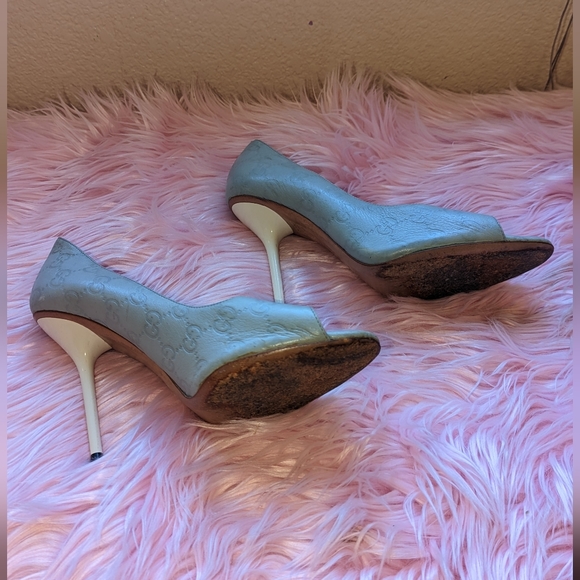 Gucci Monogram Baby Blue Open Heeled Pumps Authentic - Picture 5 of 12